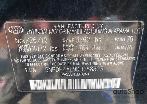 2013 Hyundai Elantra Gls from USA, damaged, VIN 5NPDH4AE9DH258523